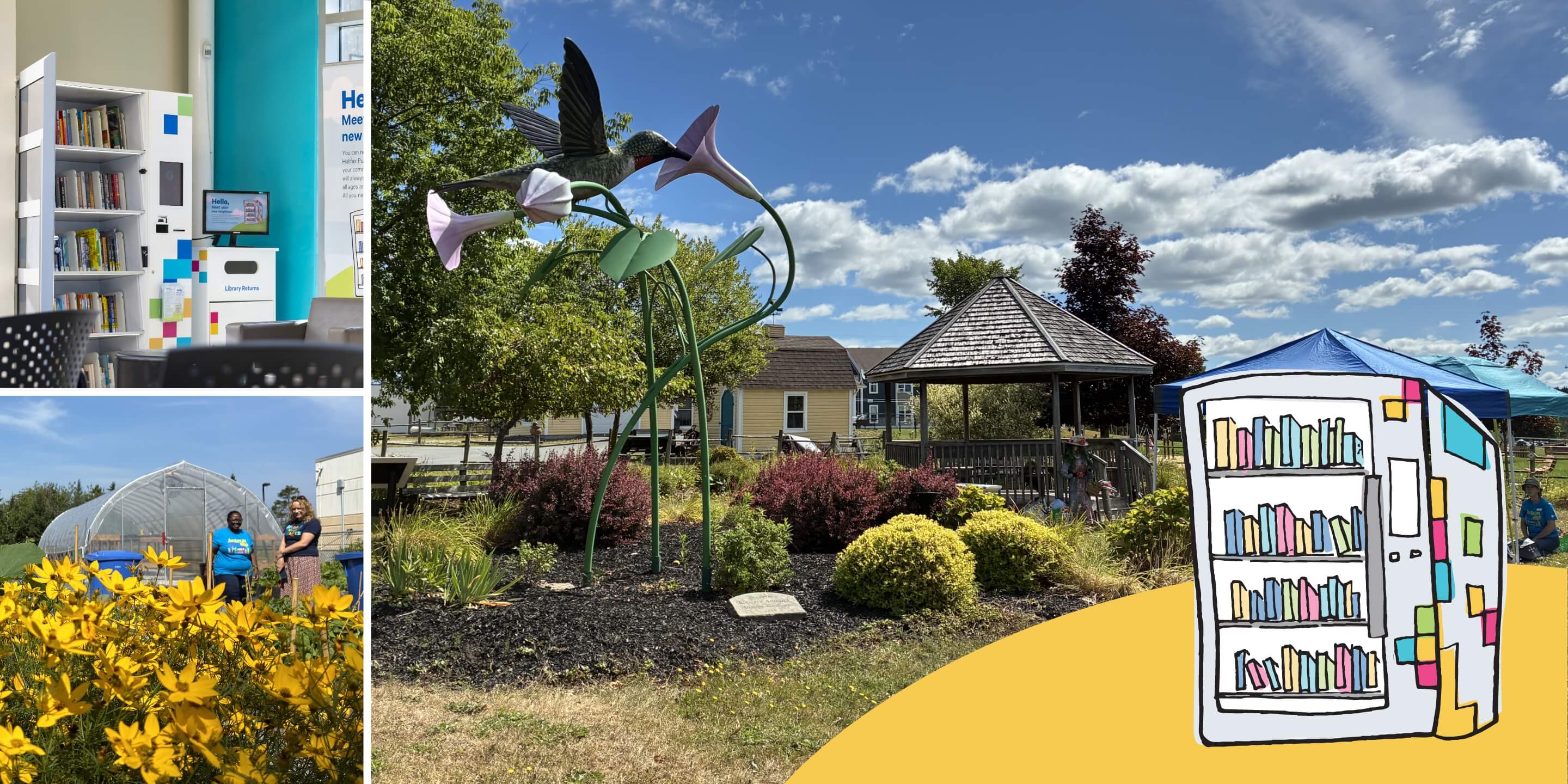 photo collage of library kiosk, garden, and outdoor library spaces